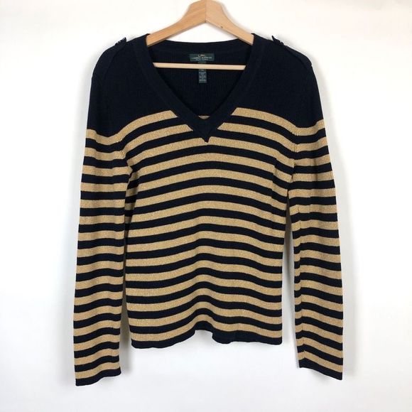 Lauren Ralph Lauren Sweaters - Lauren Ralph Lauren Navy and Tan Striped V-Neck Sweater